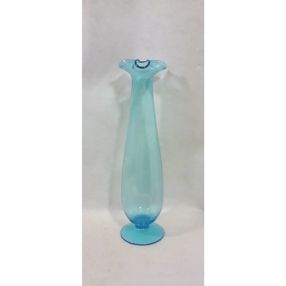 Mid-Century Tall Blue Vase Flared Rim Italian Blown Glass Footed Decorative Vase - Picture 3 of 4